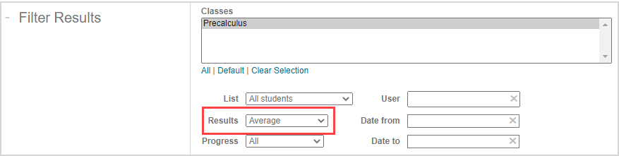 The results field shows average is selected.